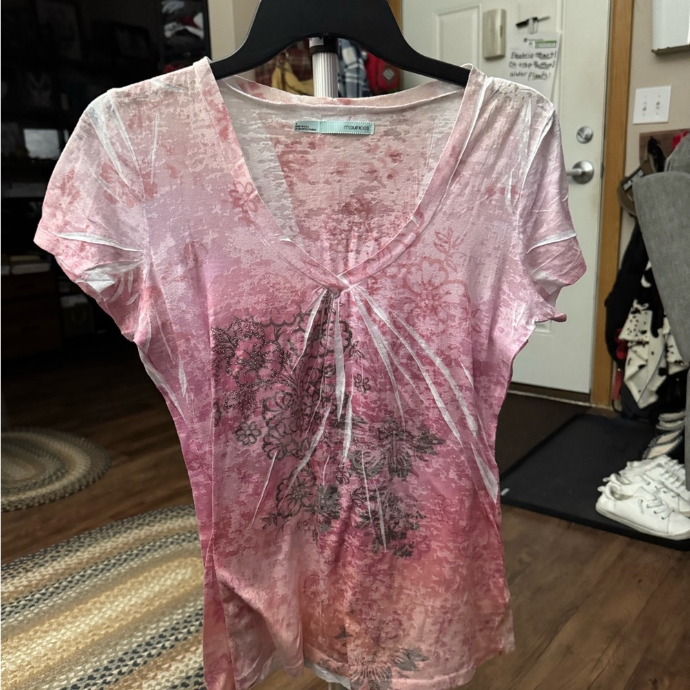 Maurices Pink and White Floral Short Sleeve Top